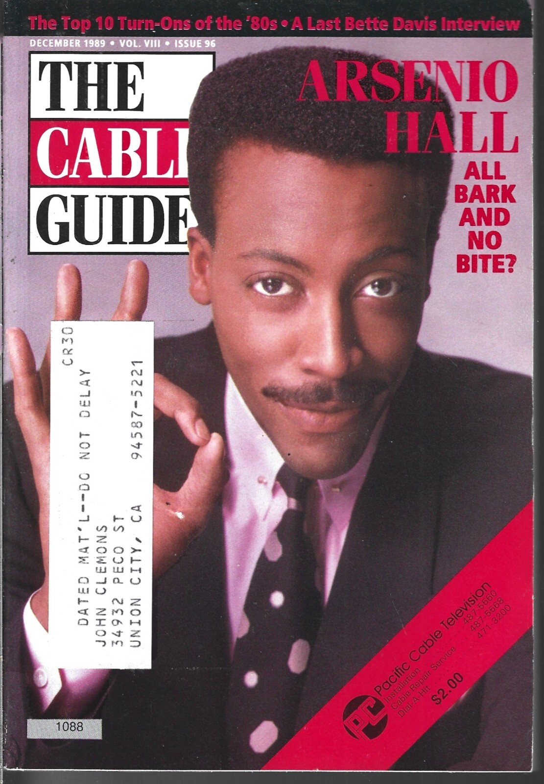 THE CABLE GUIDE MAGAZINE DECEMBER 1989 (FN) ARSENIO HALL, TV GUIDE