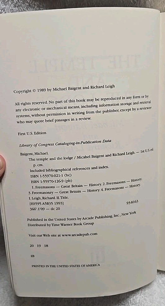 Temple and the Lodge by Leigh & Baigent (1991 Arcade Publishing Trade Paperback)