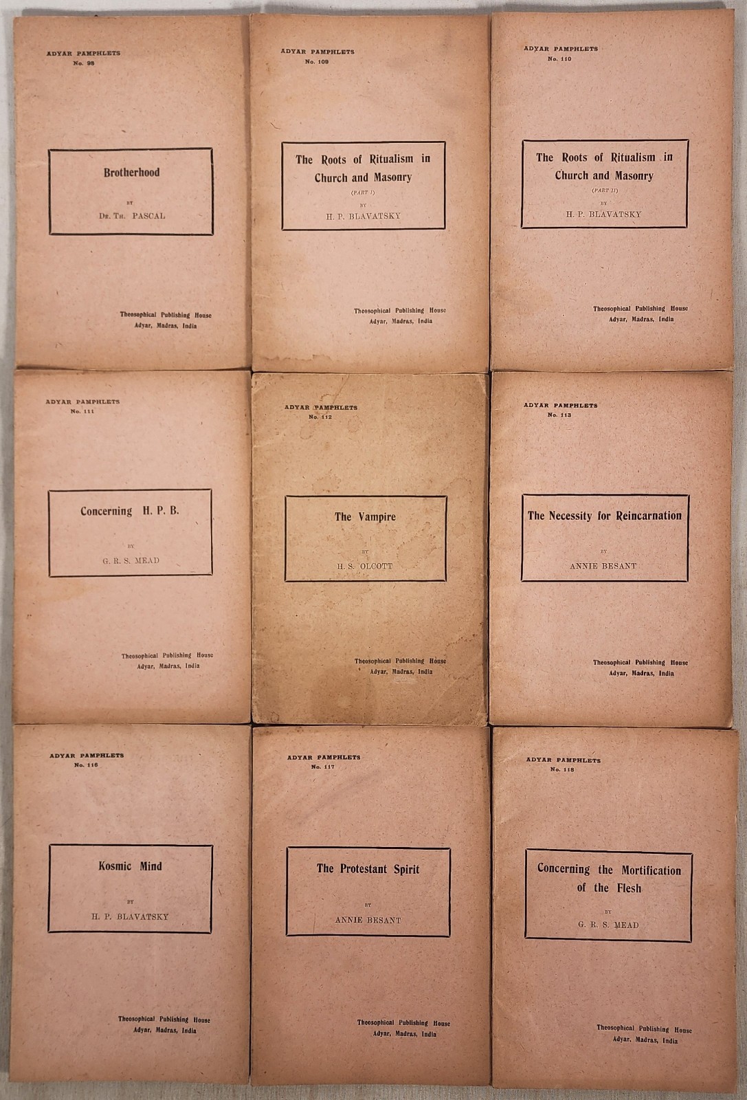 1919 – 1920 Adyar Pamphlets Lot 9 Besant, Mead, Pascal, Blavatsky, Theosophy