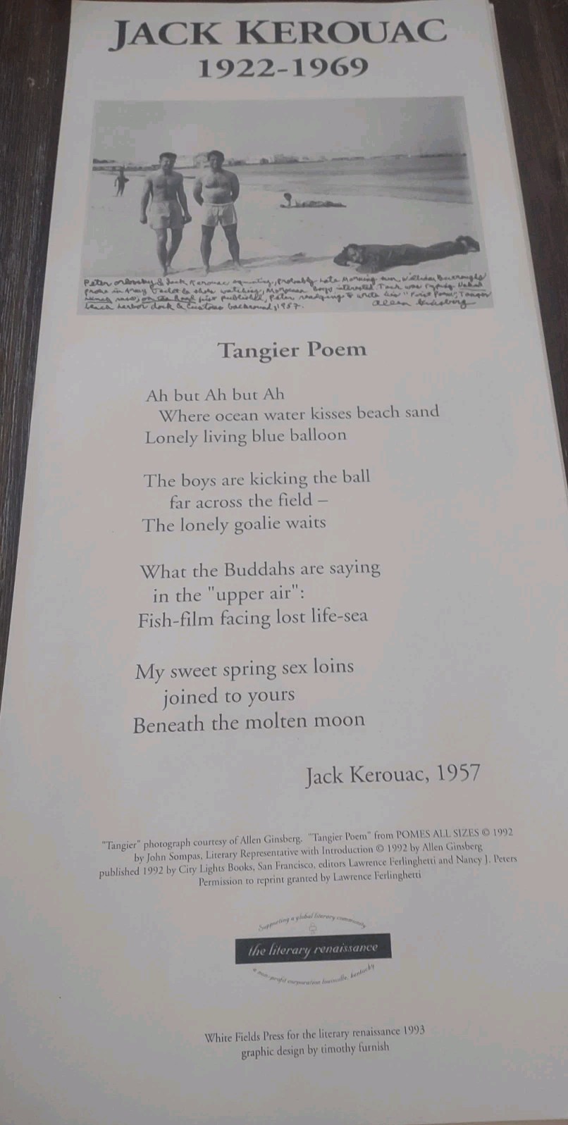 Jack Kerouac Tangier Poem White Fields Press Poster 1992 Burroughs Ginsberg Beat