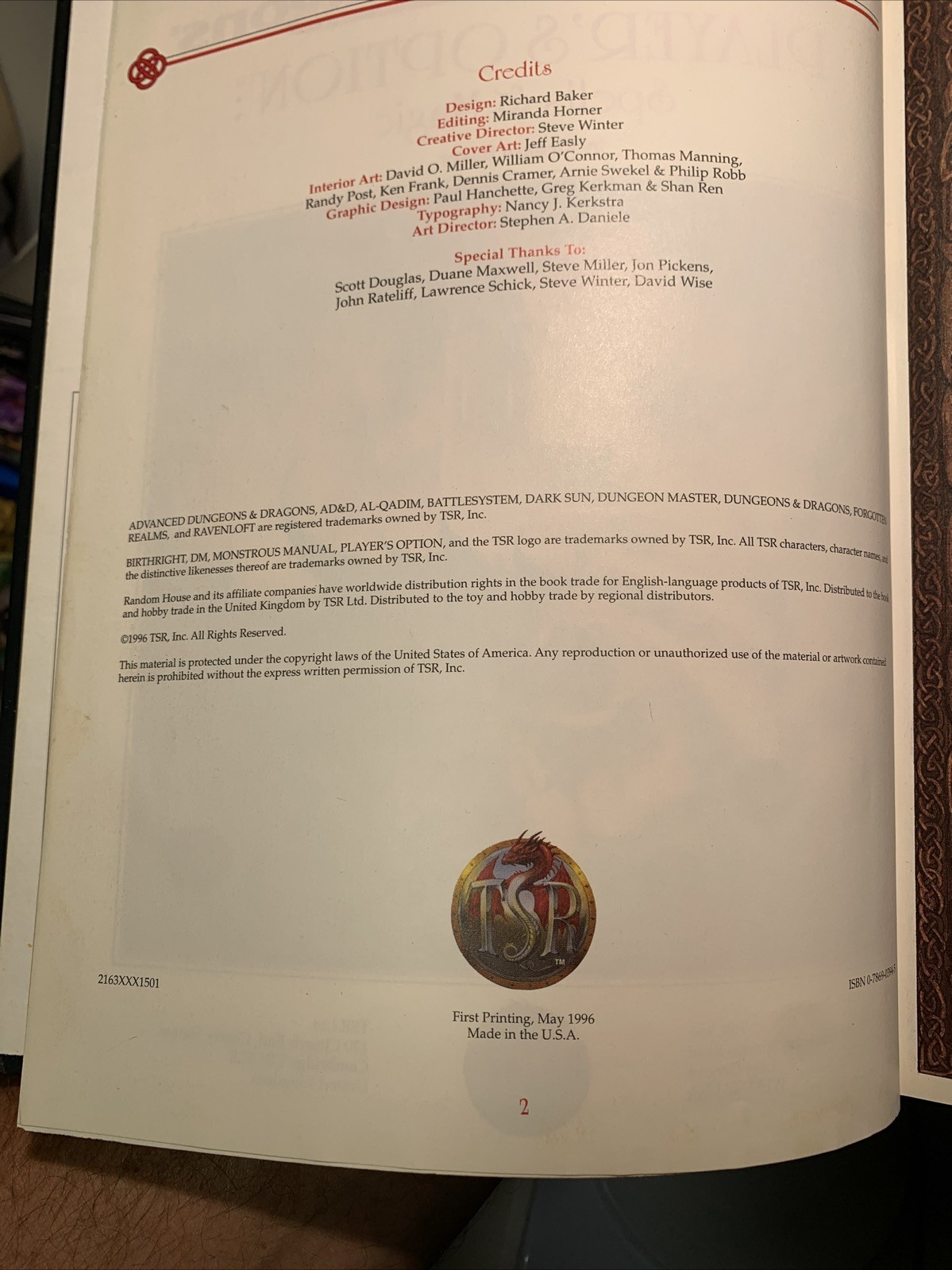 TSR AD&D Player’s Option: Spells & Power Harcover 2163 1st Print Vintage 1996