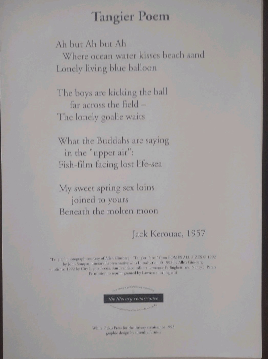 Jack Kerouac Tangier Poem White Fields Press Poster 1992 Burroughs Ginsberg Beat