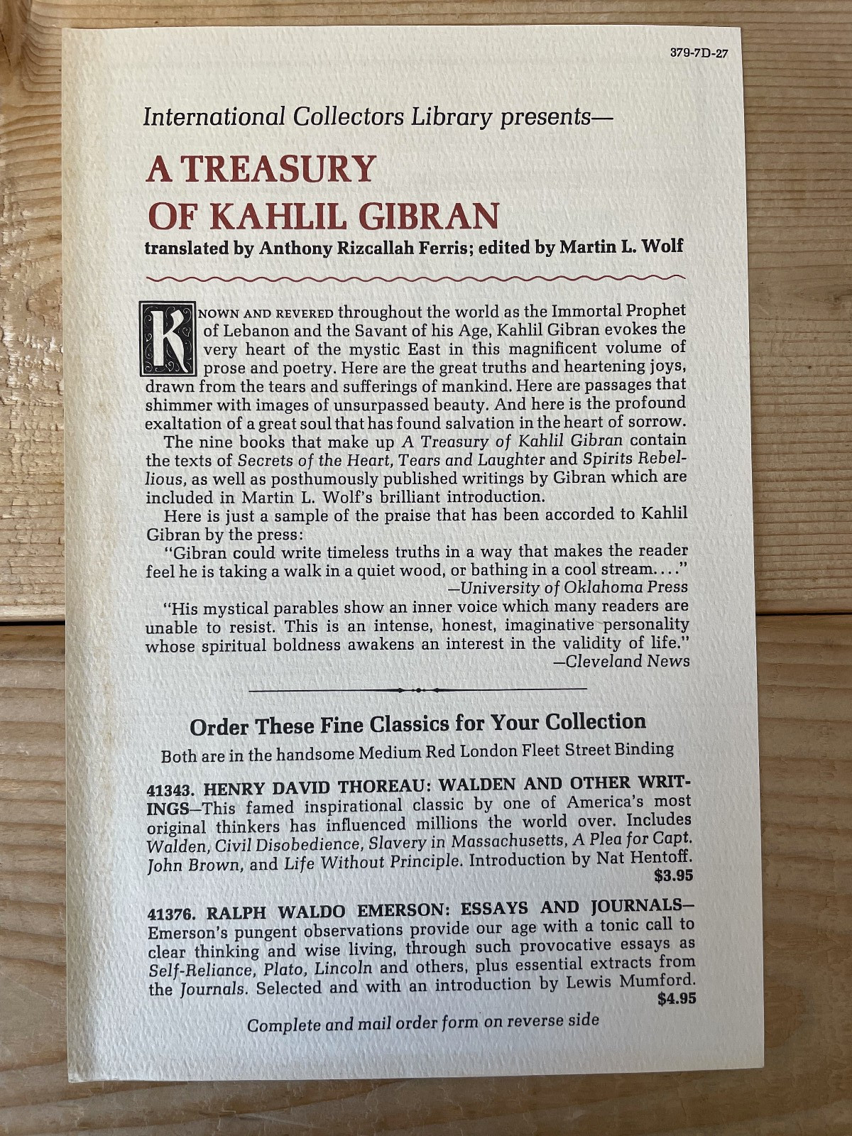 A Treasury of Kahlil Gibran Collector’s Edition 1951 HC Includes Mail Order Slip