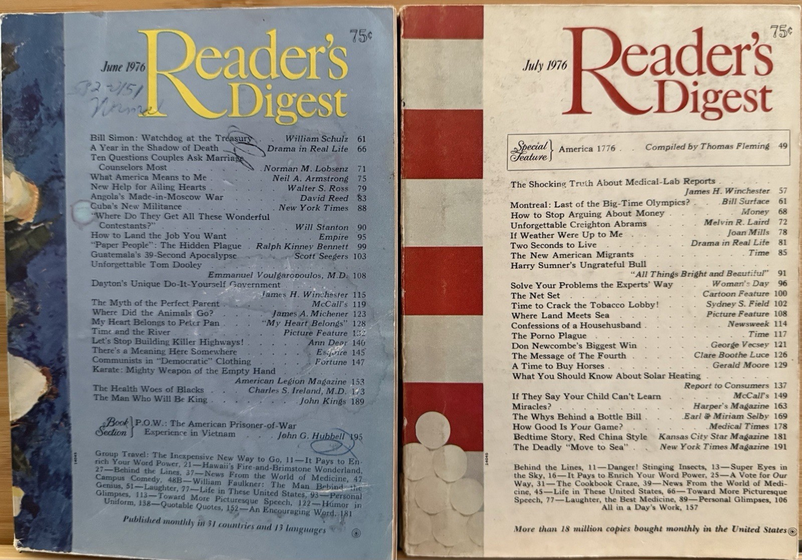 1976 June July READER’S DIGEST MAGAZINE Vintage Ageless Timeless Short Stories