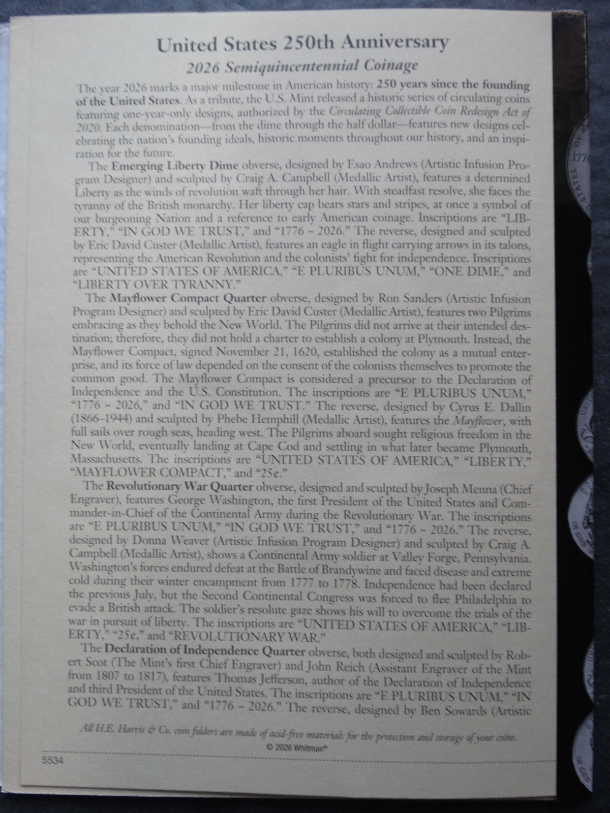 He Harris United States 250th Anniversary Coin P & D Folder 2026 Book 5345