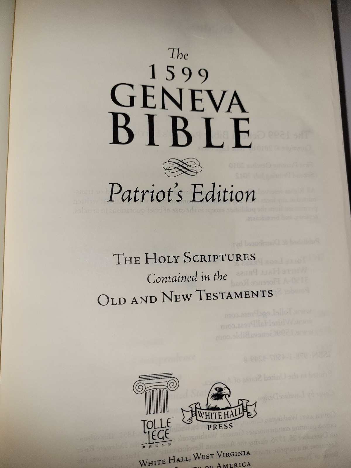 1599 Geneva Bible: Patriot’s Edition Hardcover Second Printing 2012 Very Good