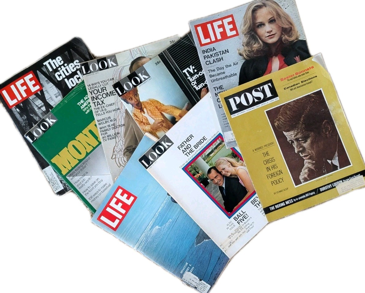 VTG Lot/8 Magazines’63 POST-JFK /’68 LIFE RF/, 6- 1971 LOOK Ads MCM Lifestyle