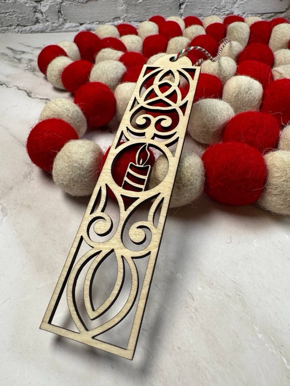 Christmas Bookmark Wood Candle Ornament Carved Floral Pattern Gift 5×1.5 in