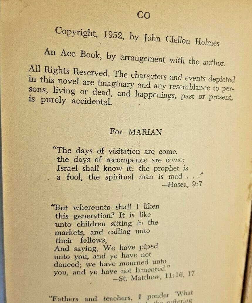 1952 Go: A Modern Novel Of Youth In Search Of «Kicks». First Edition Ace Books