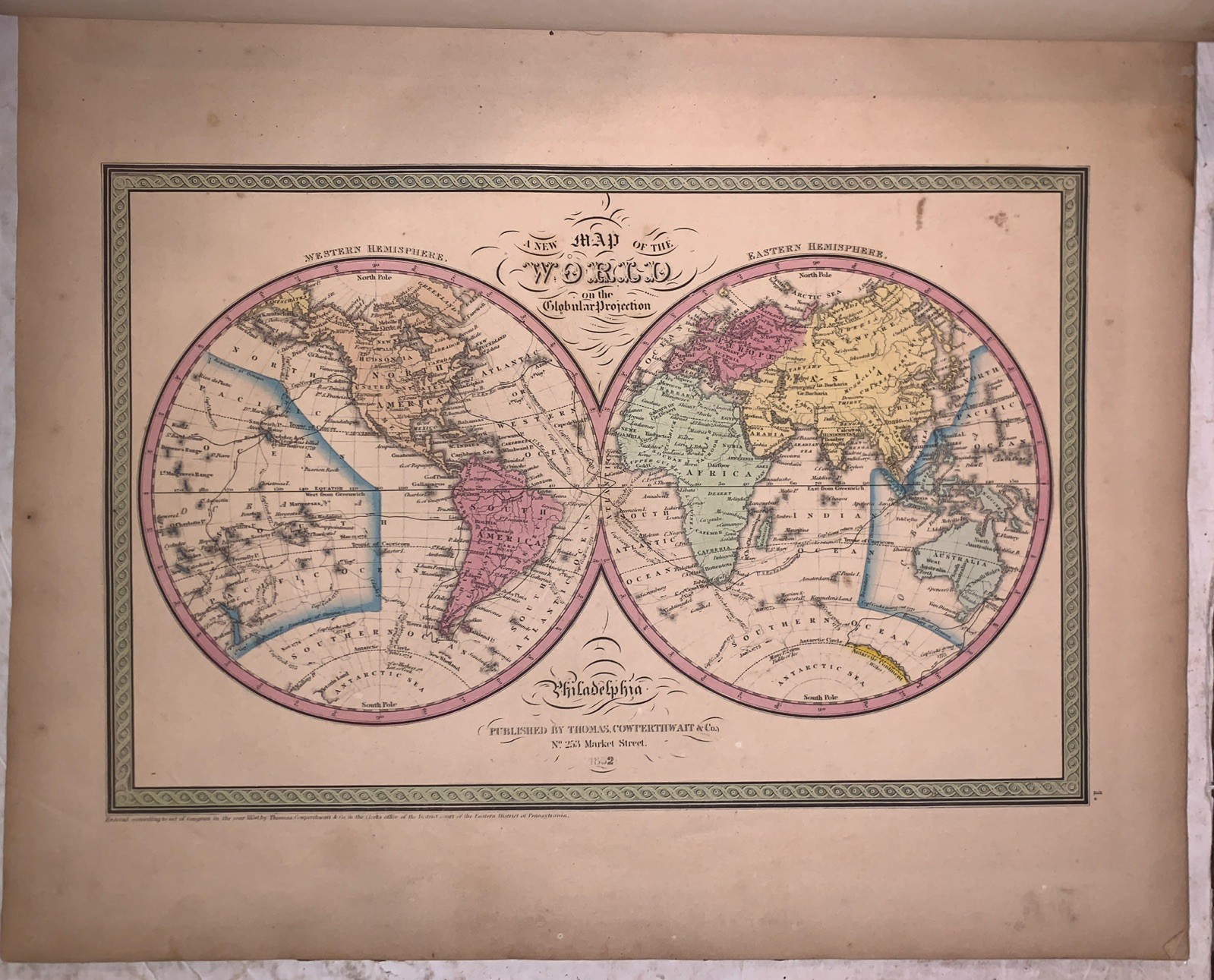 1852, MITCHELL, A NEW UNIVERSAL ATLAS, 73 HAND-COLORED MAPS, CARTOGRAPHY, FOLIO