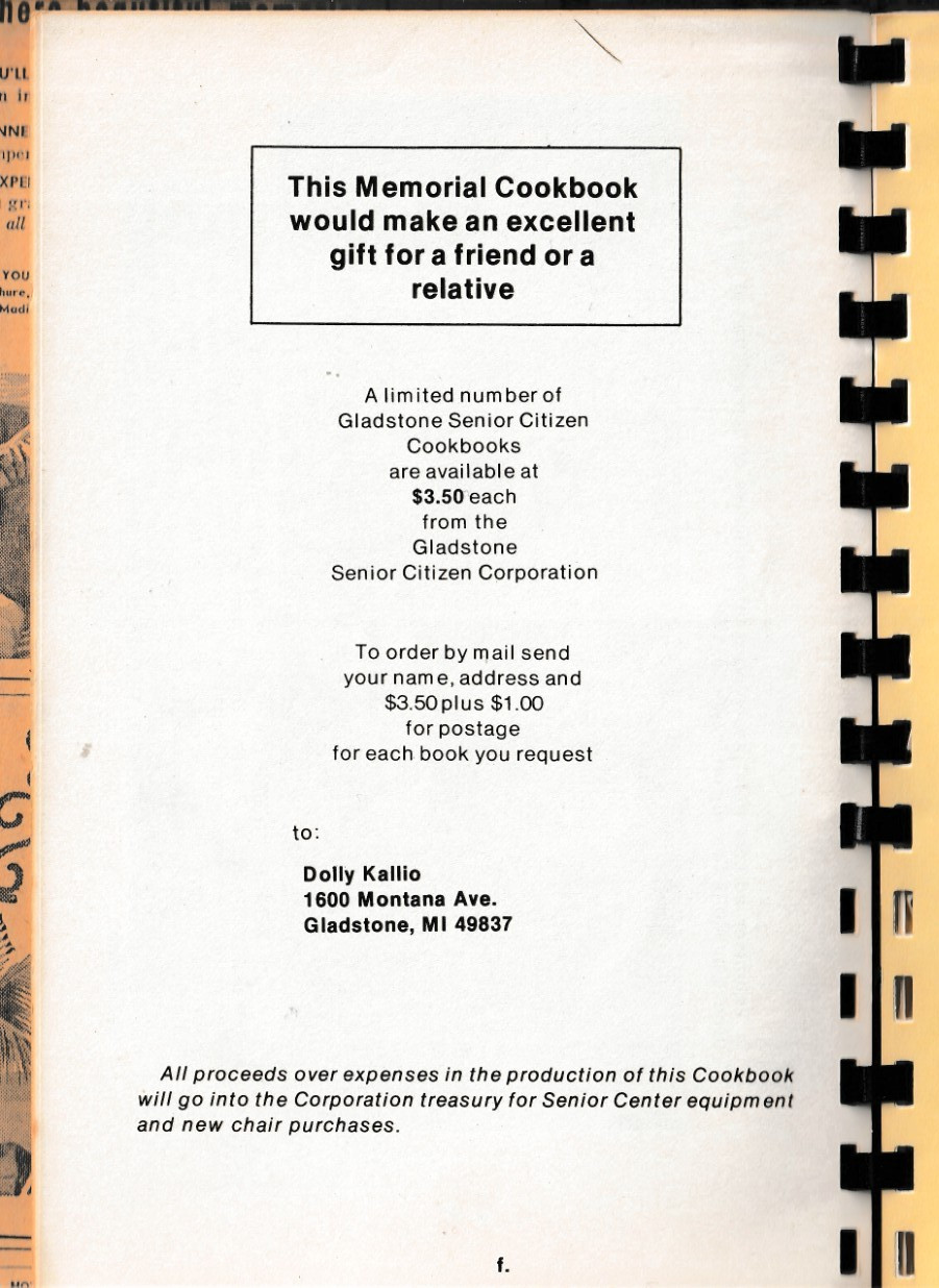 GLADSTONE SENIOR CITIZEN CENTER OUR FAVORITE RECIPES 1984 COOKBOOK 102 pages