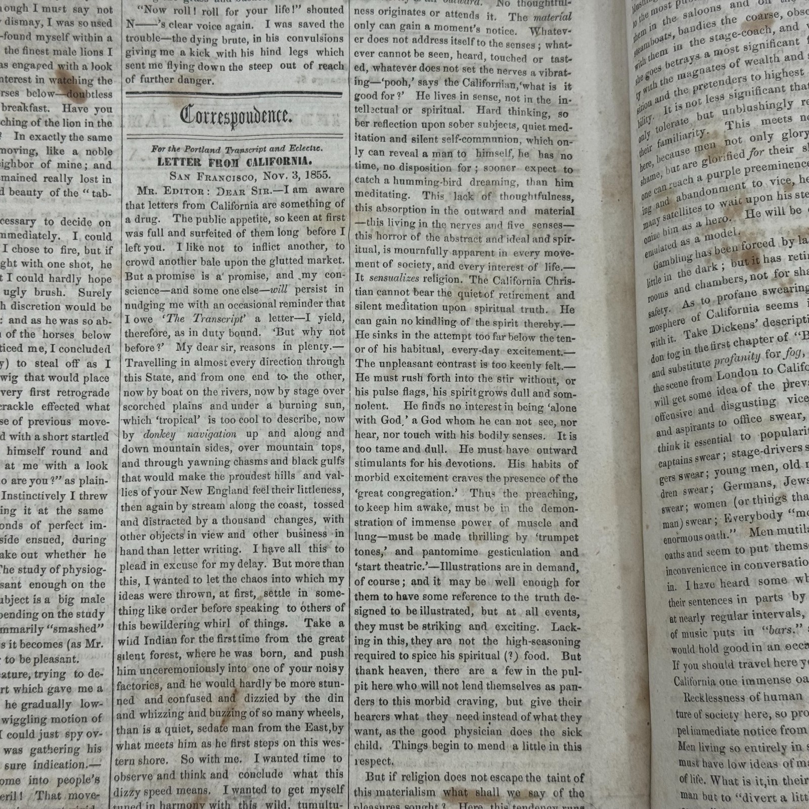 SCARCE 1855-56 Portland Transcript Newspaper Rum Riot Mormon Slavery California