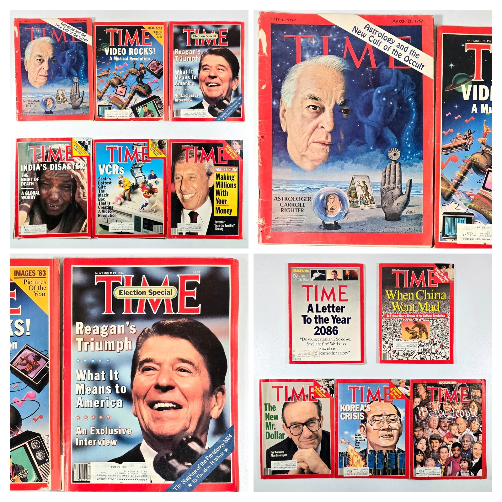 LOT OF 11 TIME MAGAZINES ASTROLOGER CARROLL RIGHTER RONALD REAGAN (1969-1980’s)