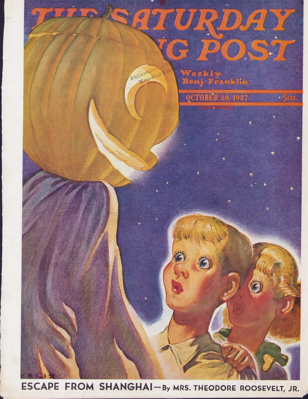 OCT 30 1937 Halloween Pumpkin Scare SATURDAY EVENING POST COVER ONLY