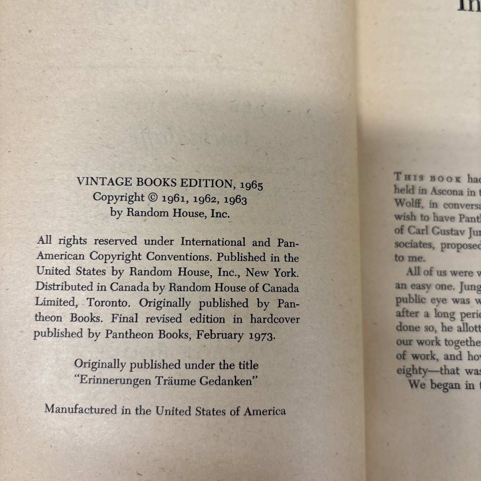 MEMORIES, DREAMS, REFLECTIONS- C. G. JUNG 1965 VINTAGE BOOKS EDITION 394-70268-9