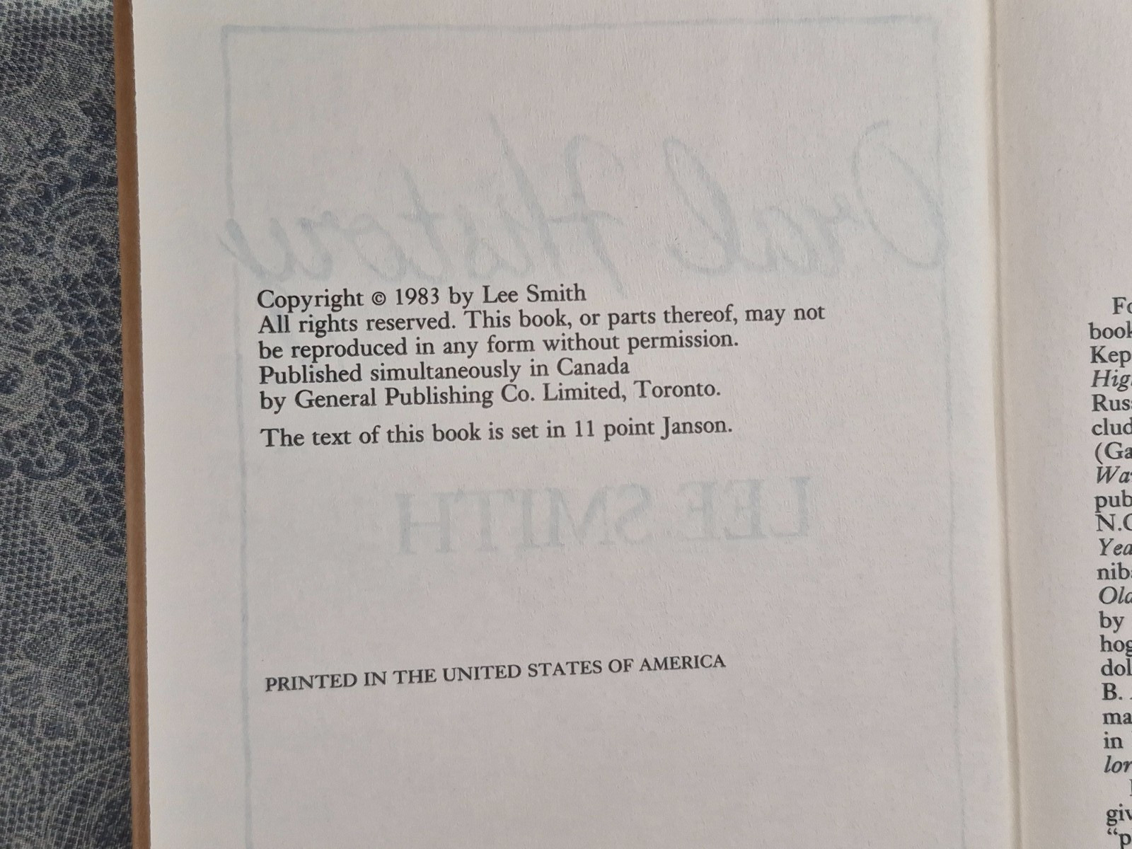 Oral History: Lee Smith. G. P. Putnam’s. Book Club Edition. 1983