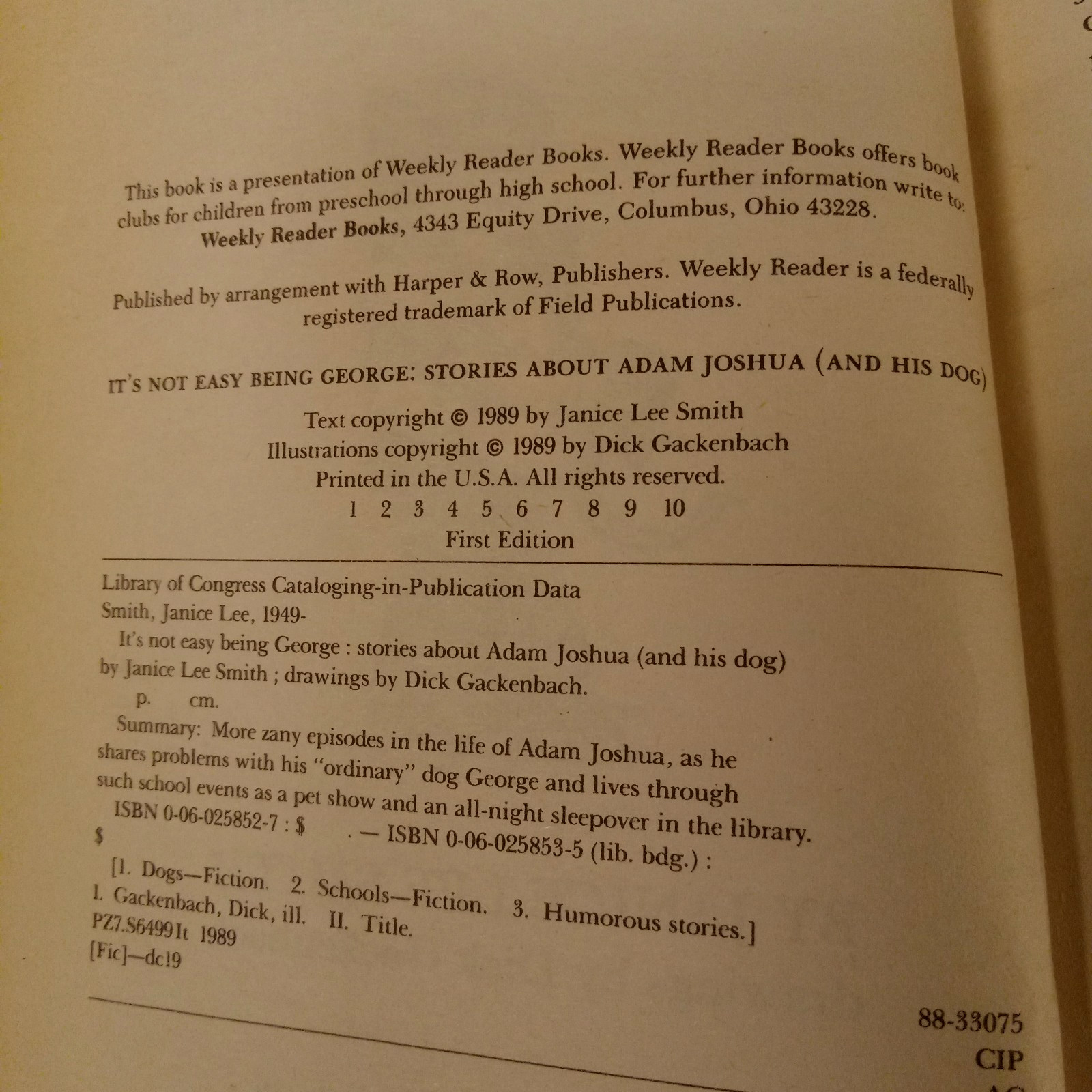 It’s Not Easy Being George: Adam Joshua Book Janice Lee Smith 1989 HarperCollins