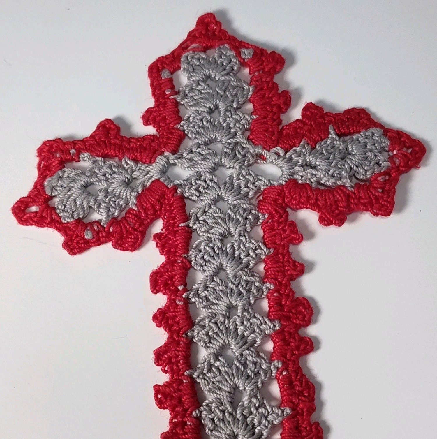 Handmade Cross Bookmark 8.5″ Lovingly Crochet in the USA Red & Gray