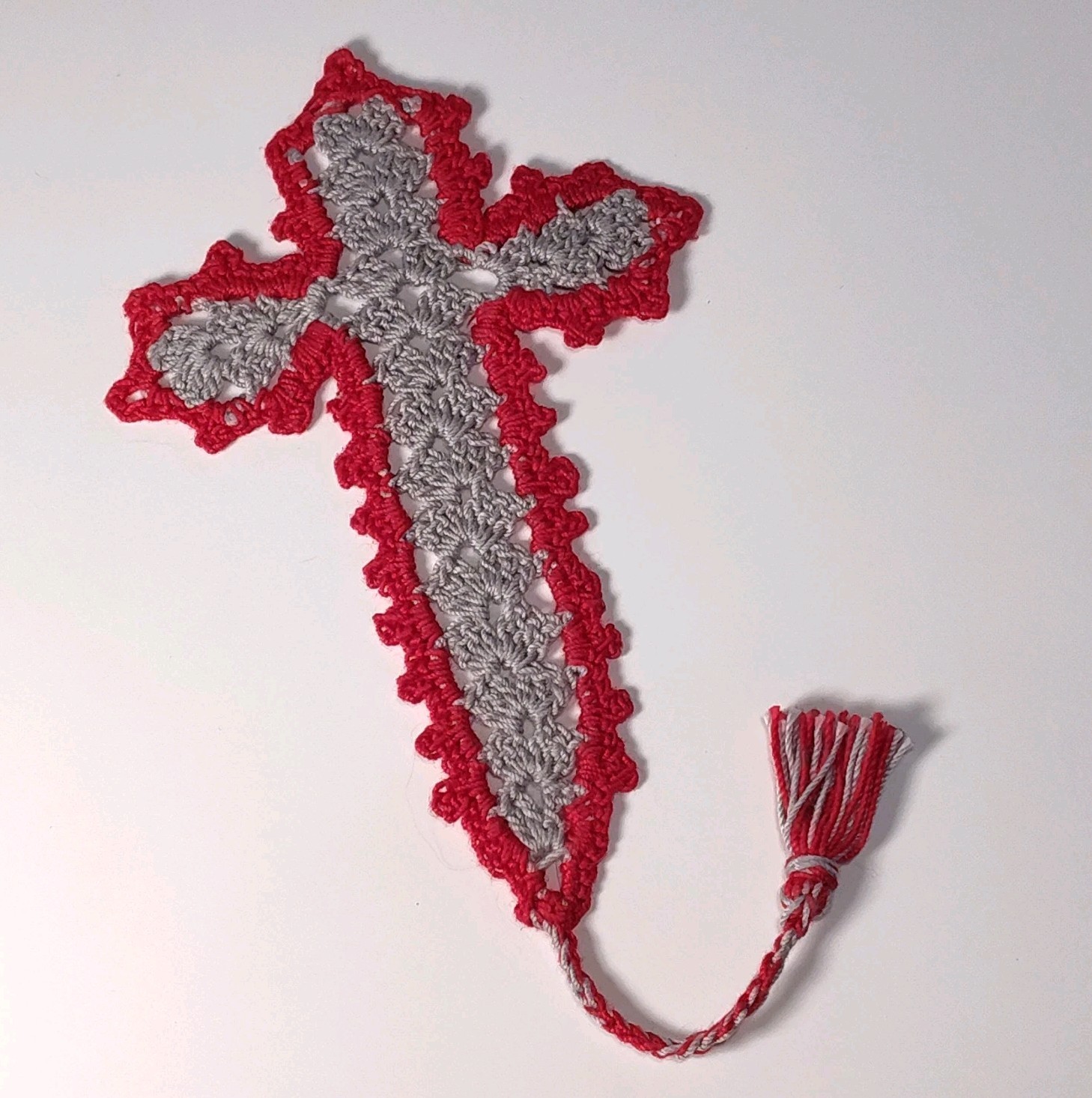 Handmade Cross Bookmark 8.5″ Lovingly Crochet in the USA Red & Gray