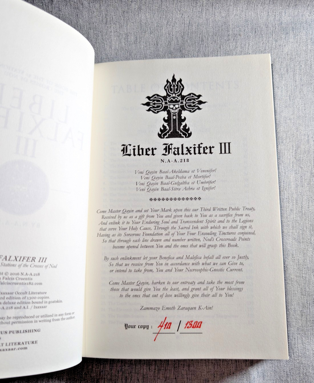 2016 First Edition Liber Falxifer III Ixaxaar N.A.A.218 #410/1300