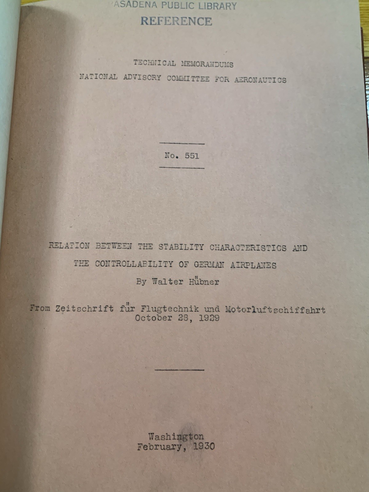 NACA Technical Memorandums Nos. 549-556 from 1920s, Published 1930