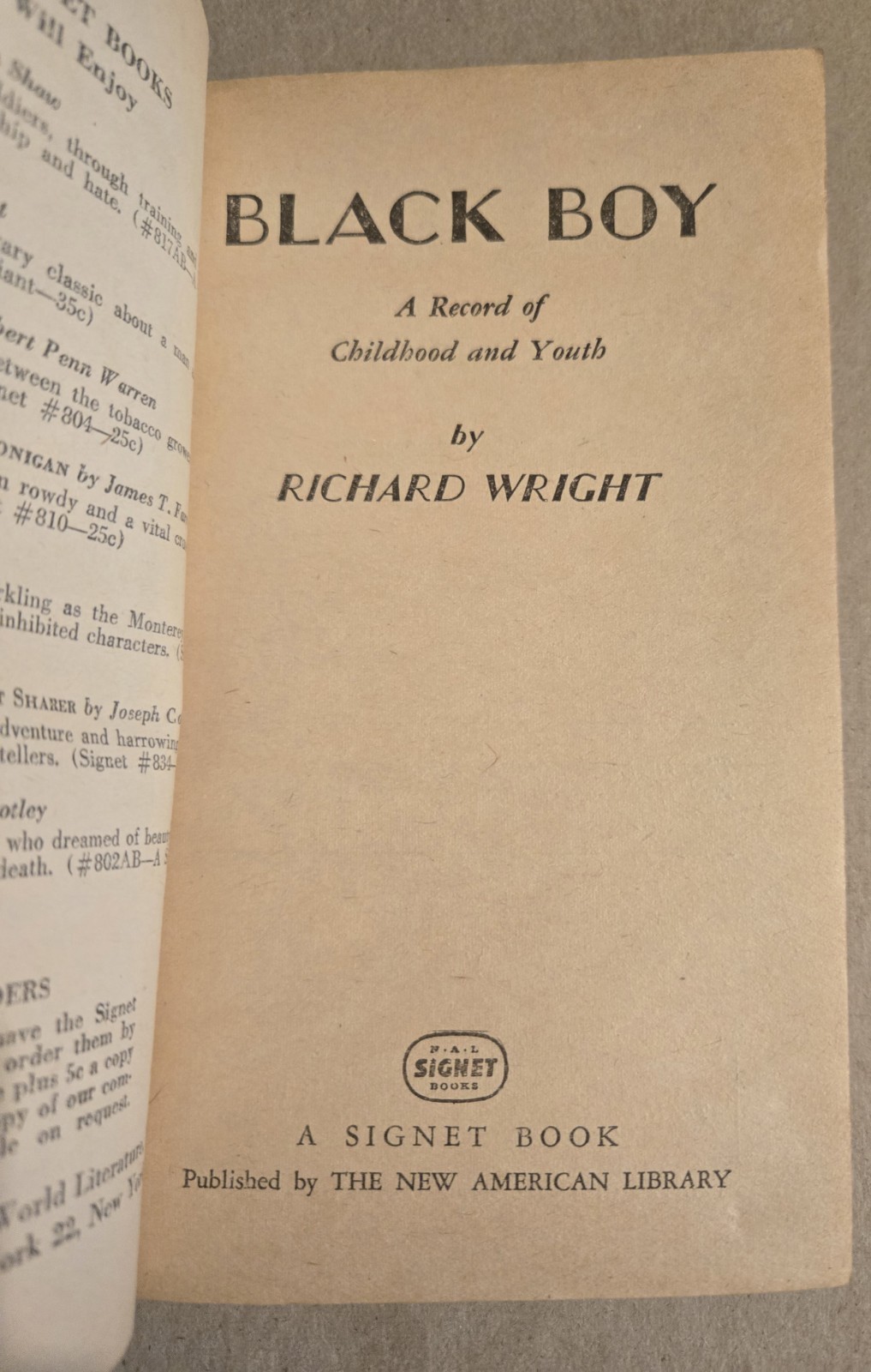 BLACK BOY by Richard Wright 1951 Signet 841 Vtg Paperback AS IS
