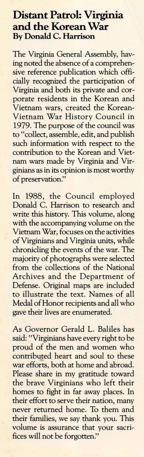 Distant Patrol: Virginia and the Korean War by Harrison HB 1989 W8