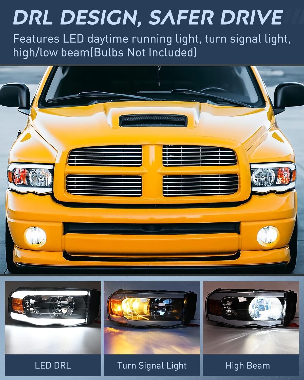 Headlights Assembly Led DRL for 2002-2005 Dodge Ram 1500/2003 2004 2005 Dodge Ra