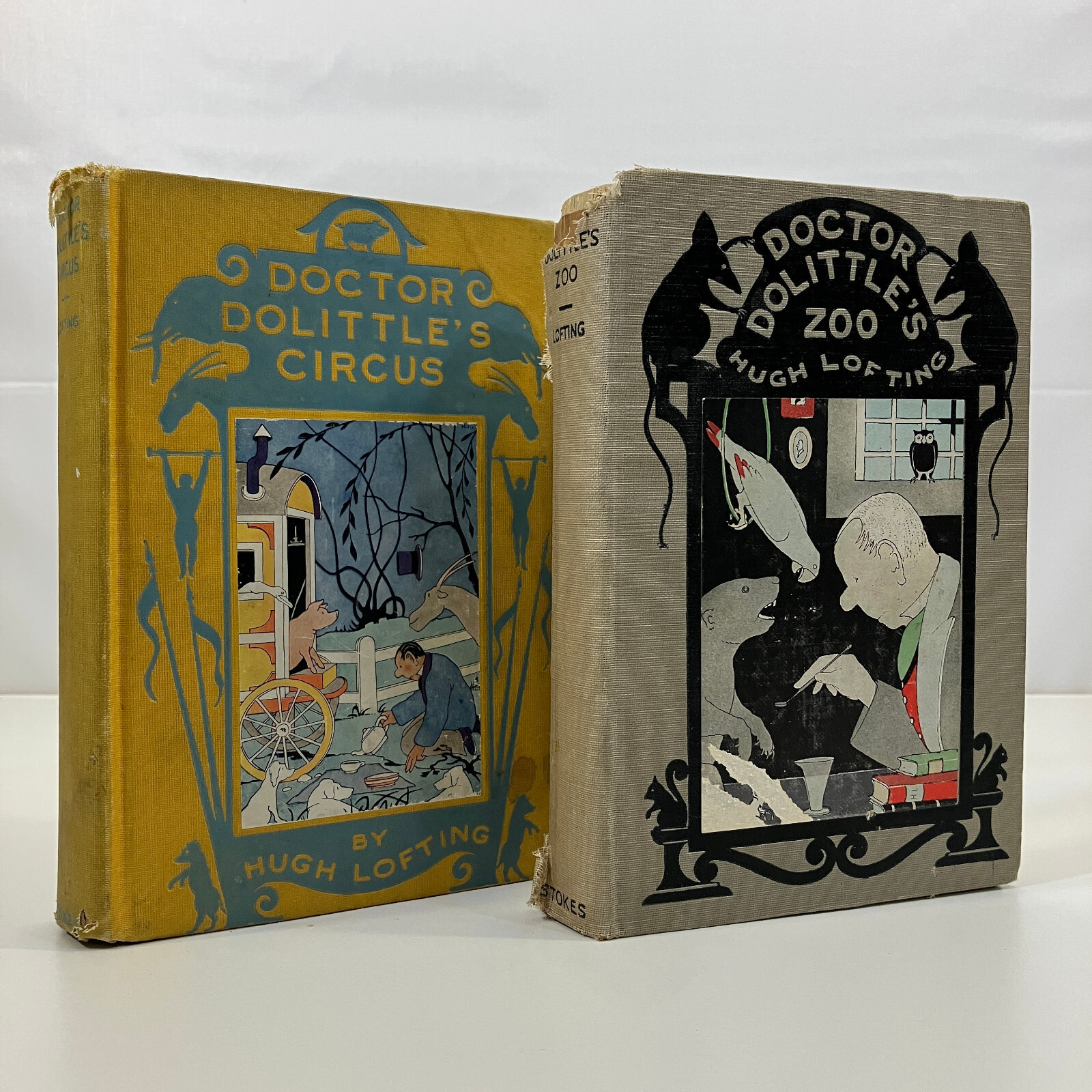 2 Antique 1920s Hugh Lofting Doctor Dolittle Zoo & Circus Hardcover Kid Books