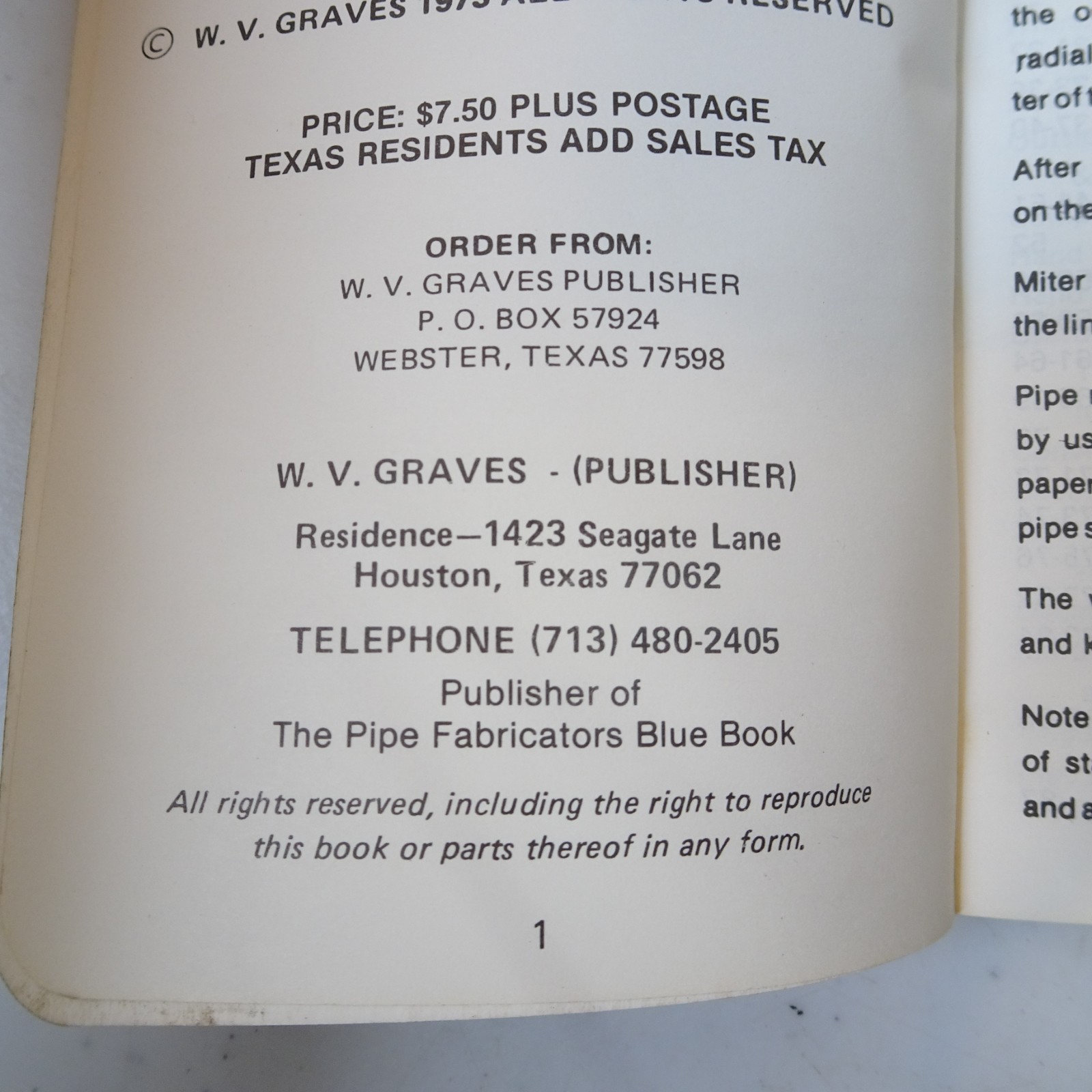 THE PIPE FITTERS BLUE BOOK W.V GRAVES Former Lee College Professor Revised 1973