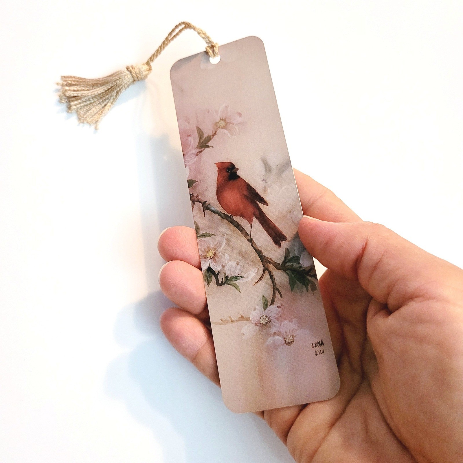 Vintage 90s Red Cardinal tassel Bookmark- Dogwood- Lena Liu- 1990s Artworks LL34