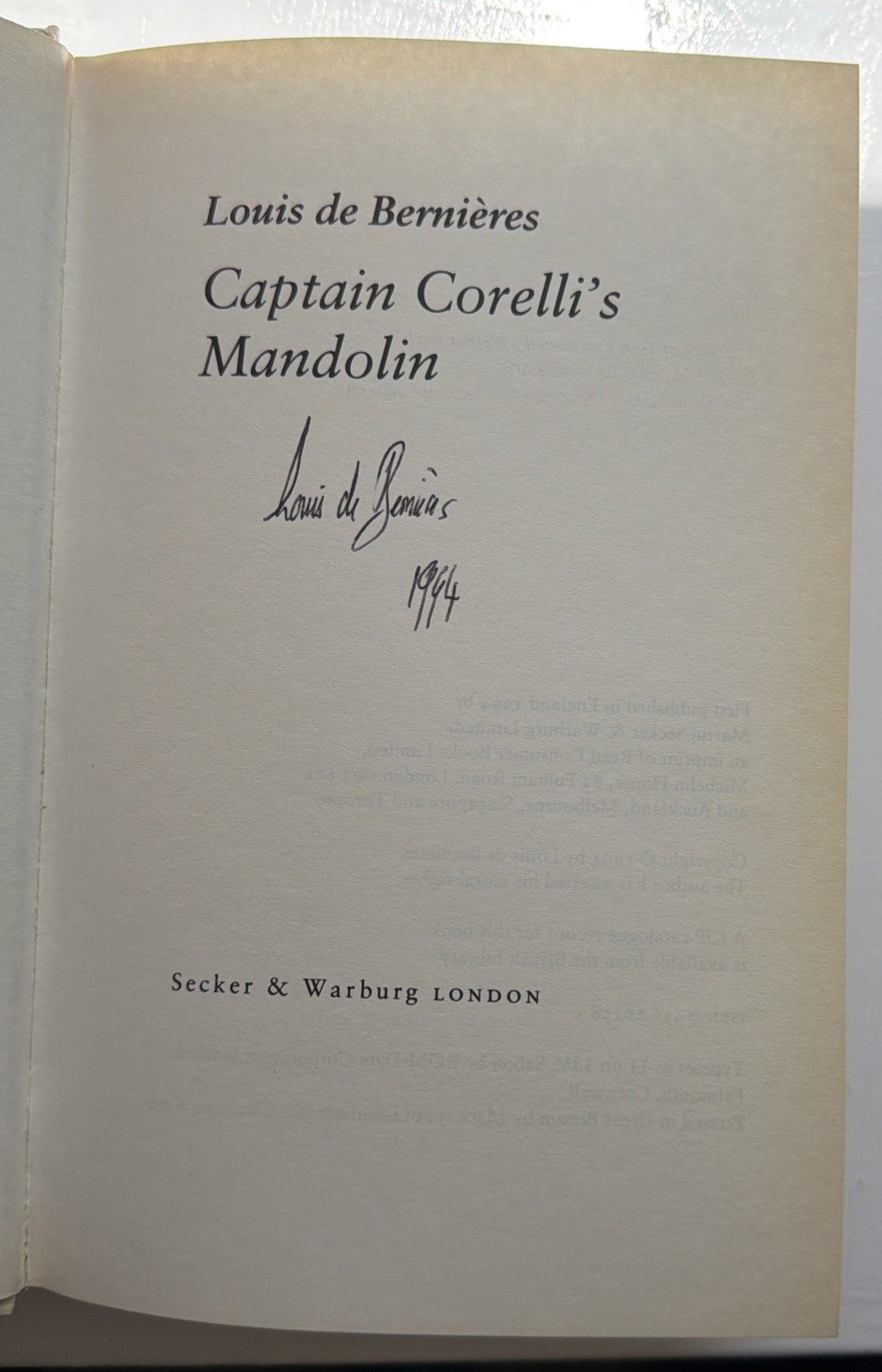 Louis de Bernieres: Captain Corelli’s Mandolin – SIGNED 1st / 1st – Hbk Dw 1994