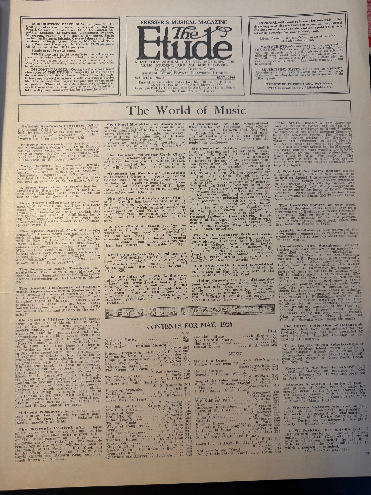 May 1924 The Etude Music Musical Magazine Vintage FOR ALL MUSIC LOVERS Complete