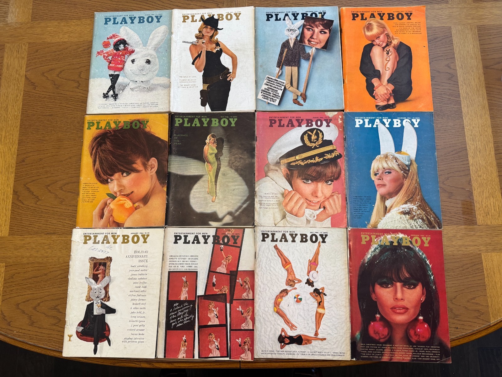 Playboy magazine 1966 complete set – 12 issues with centerfolds intact.