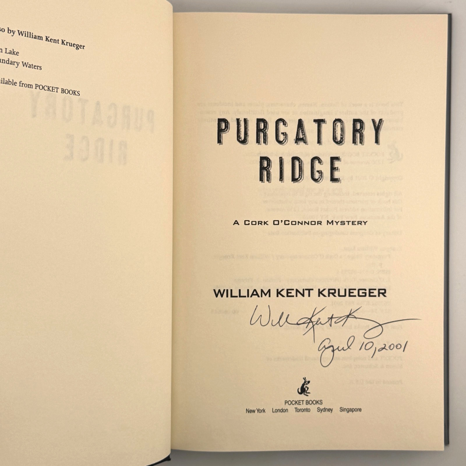 Purgatory Ridge SIGNED by William Kent Krueger (2001, Hardcover) 1st Ed / Print