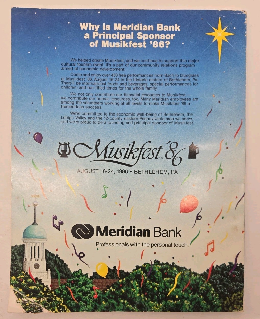 1986 Musikfest Souvenir Program Bethlehem PA Music Festival Book Third Annual Vi