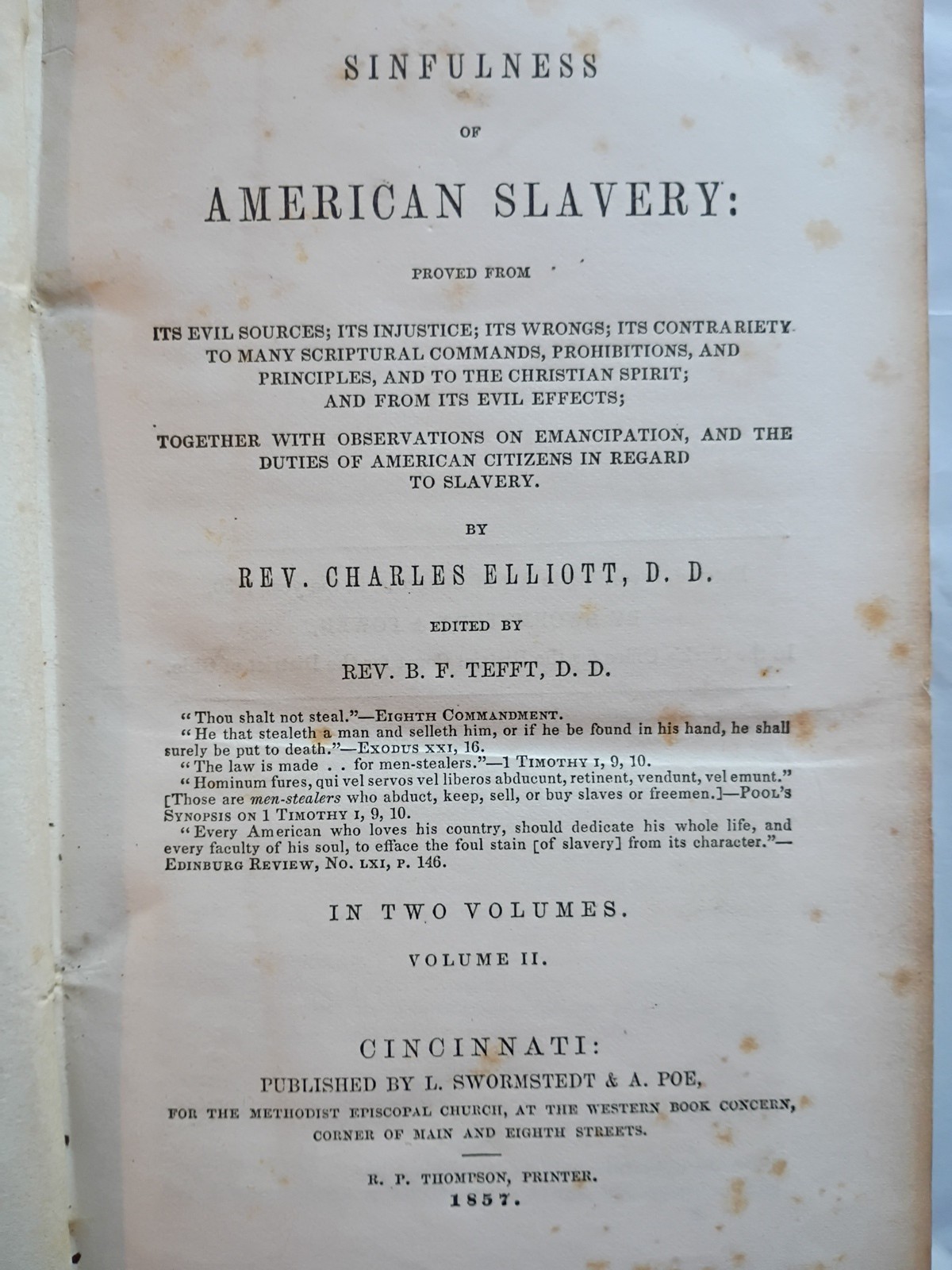 Sinfulness of American Slavery 1857 Rev. Charles Elliot Vol. 11 RARE (673)
