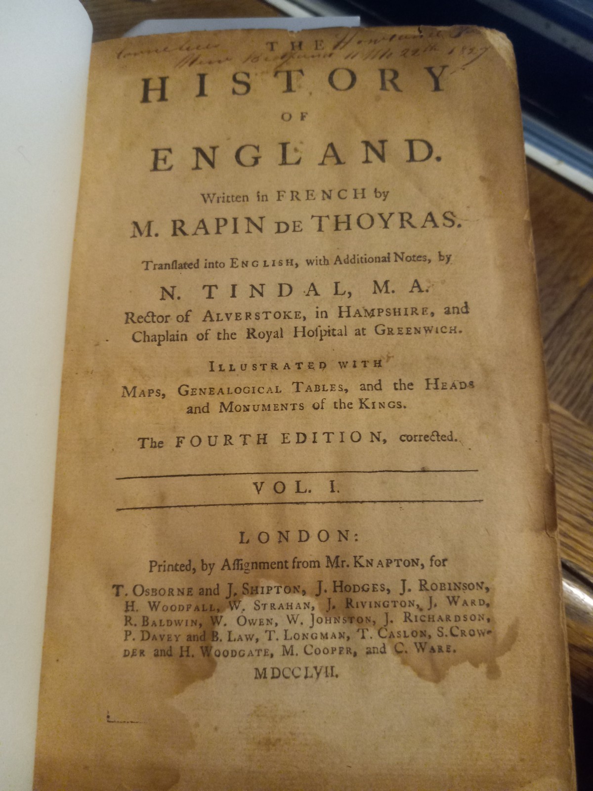 1757 HISTORY OF ENGLAND BY DE THOYRAS W/MAP & ILLUSTRATIONS! REBOUND! VOL 1 ONLY