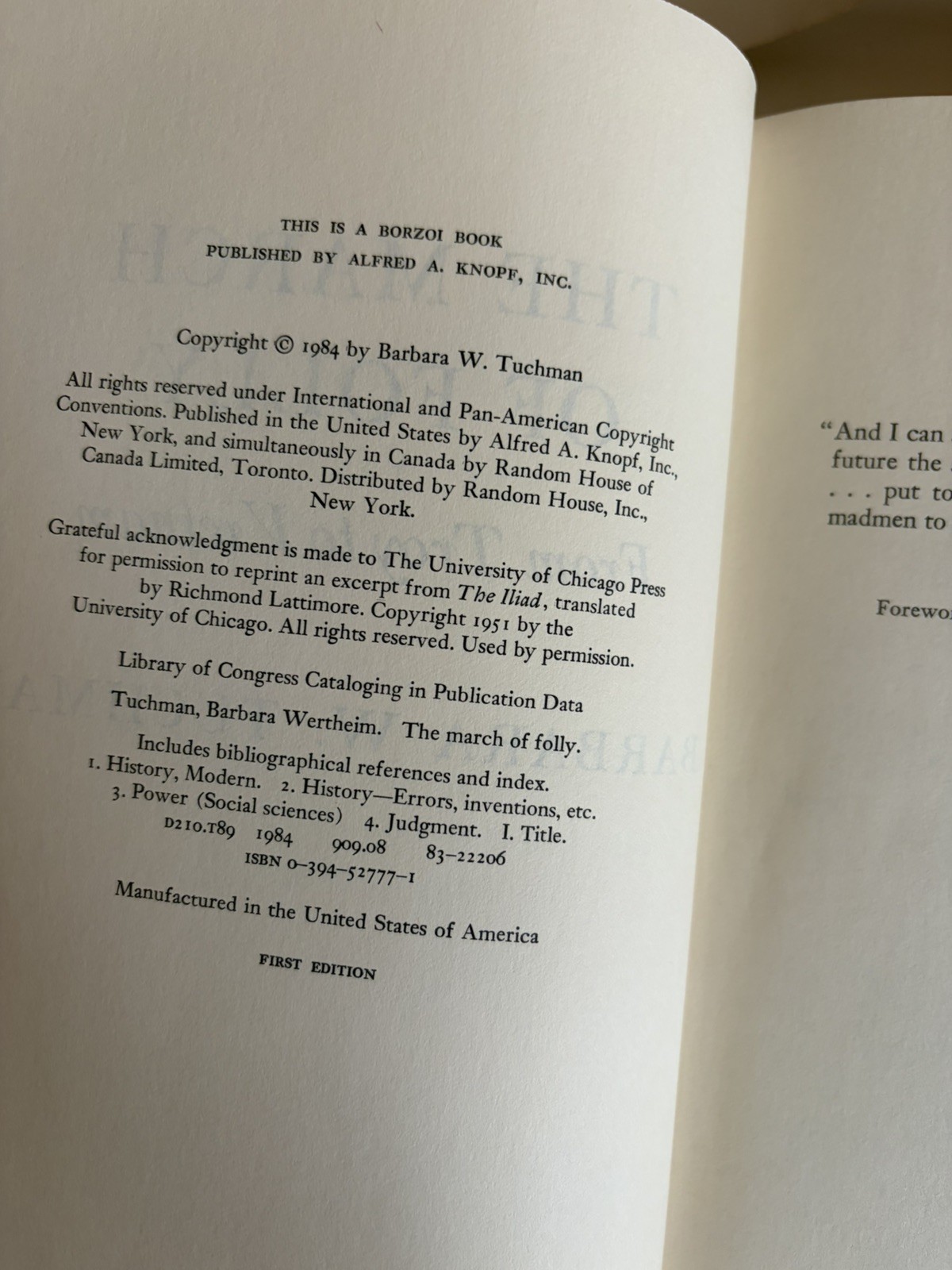 March of folly From Troy To Vietnam Barbara W. Tuchman HCDJ 1984 1st Edition VG