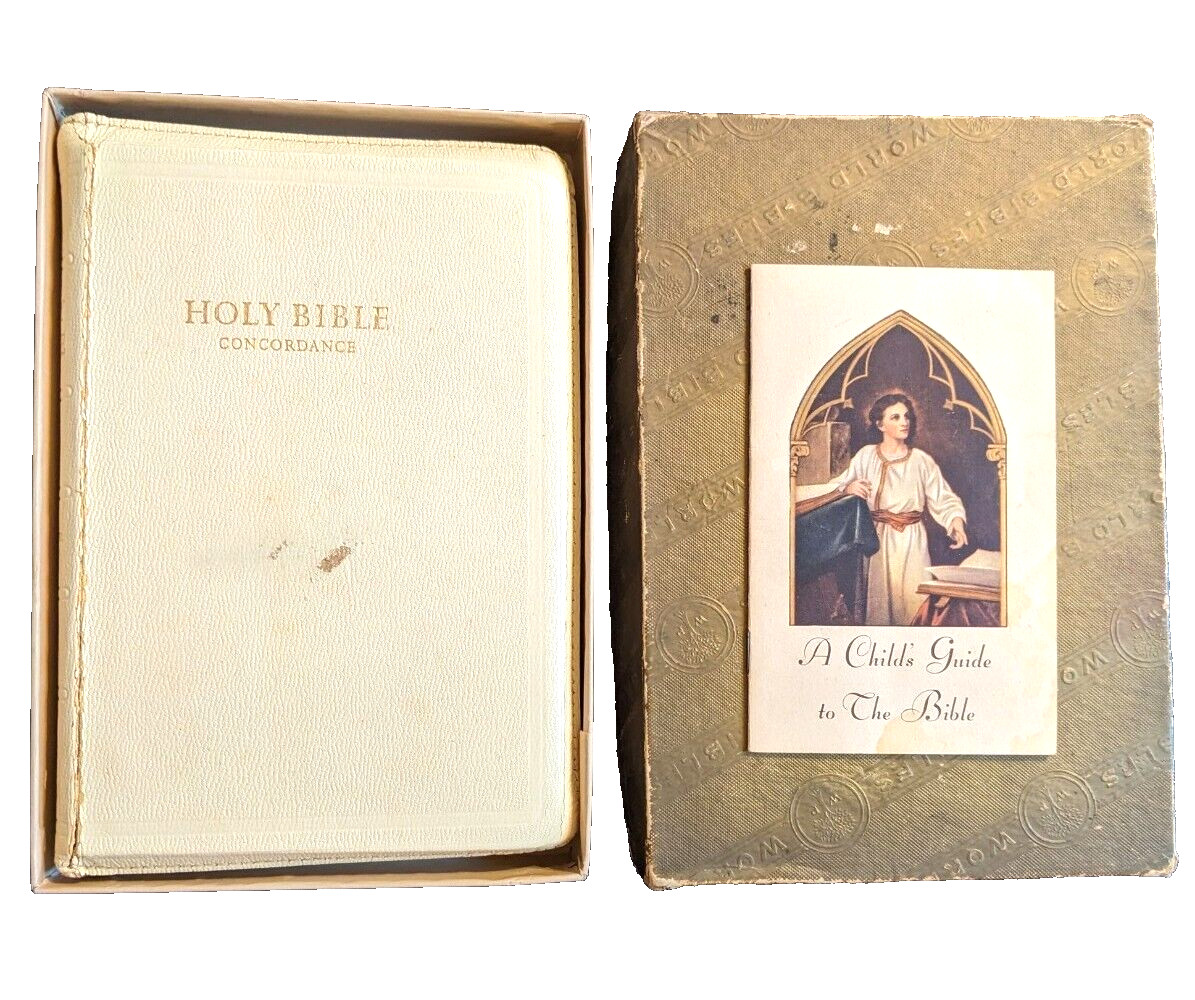 World Bible KJV White Cover Zipper w/ Cross, Family Register 1956- Some Writing!