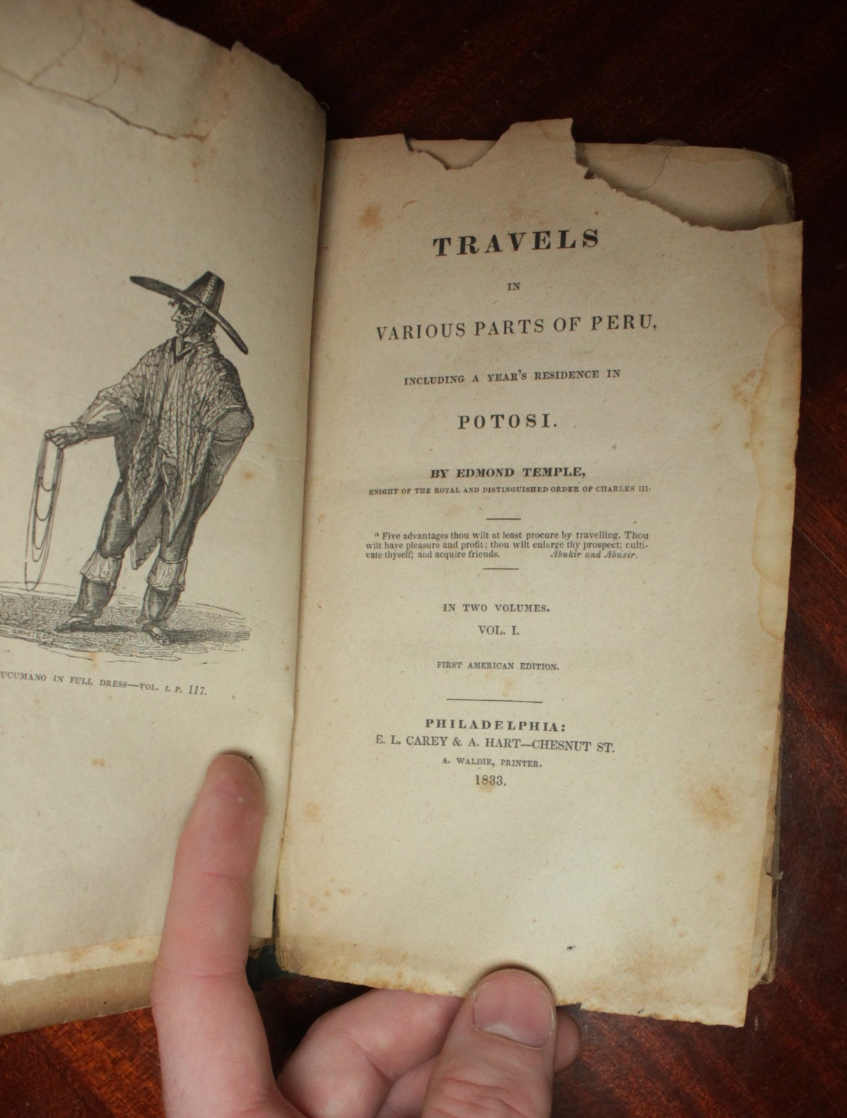 1833 Travels in Various Parts of PERU Edmond TEMPLE 1st Amer. Ed. 2 Vol. Illust.