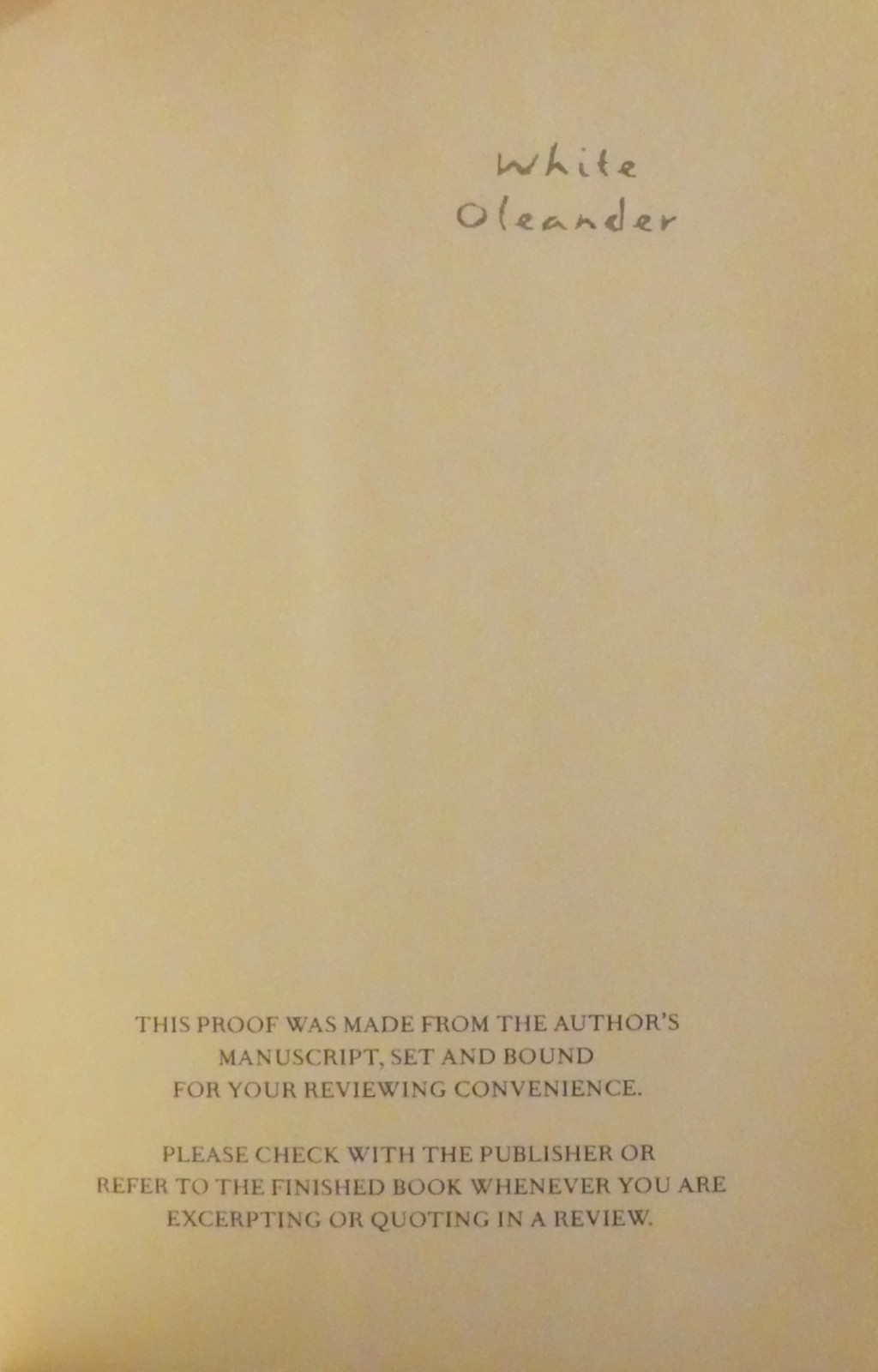 Fitch, Janet. White Oleander. Proof Copy and 1st Edition. Signed.