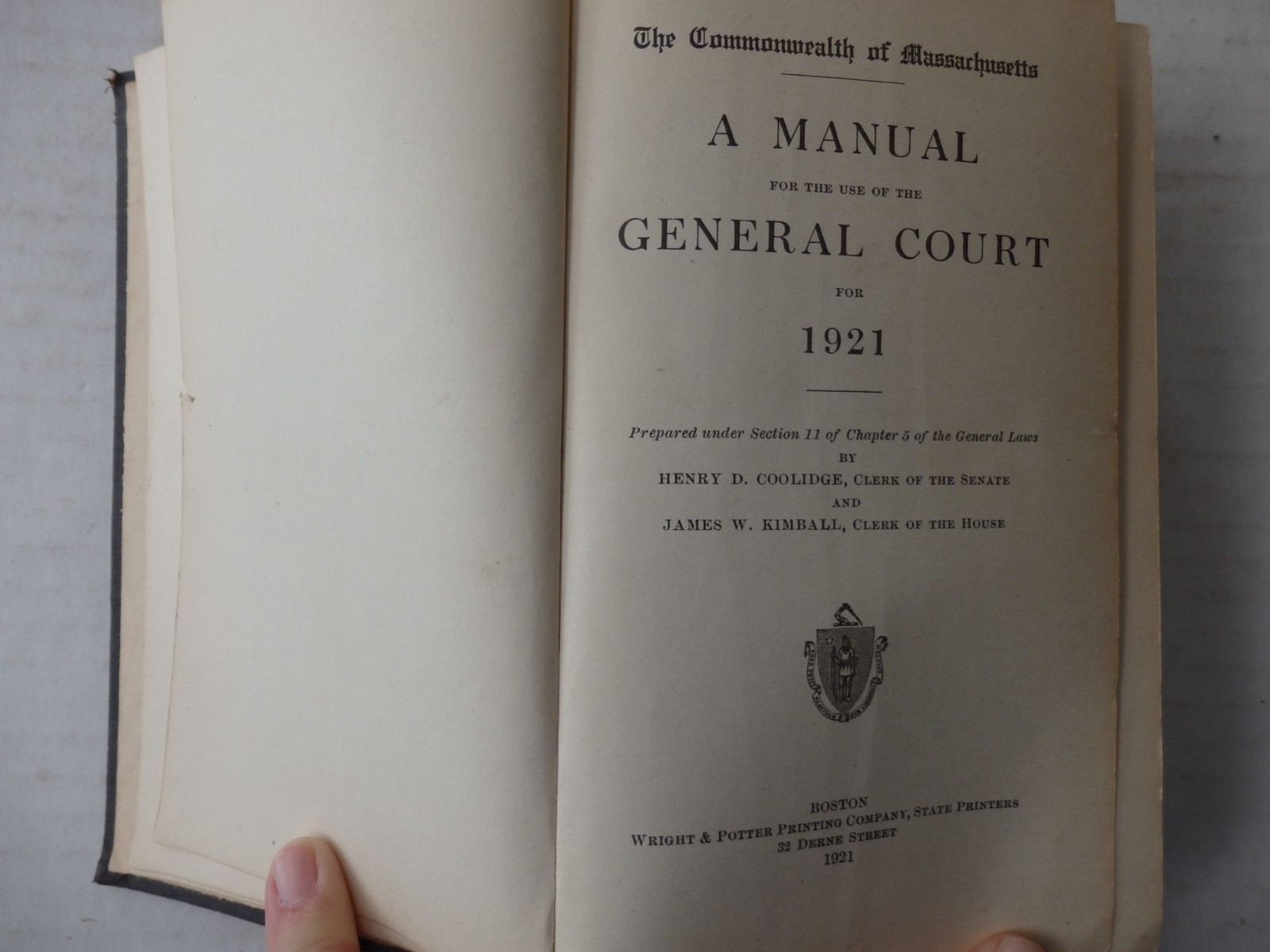 Manual for the General Court of Massachusetts 1921 Vintage HC 726 Pages