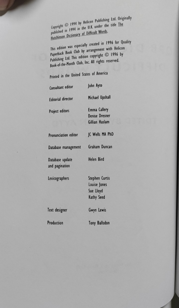 QPB Dictionary Of Difficult Words – John Ayto Ed. – NY, 1996