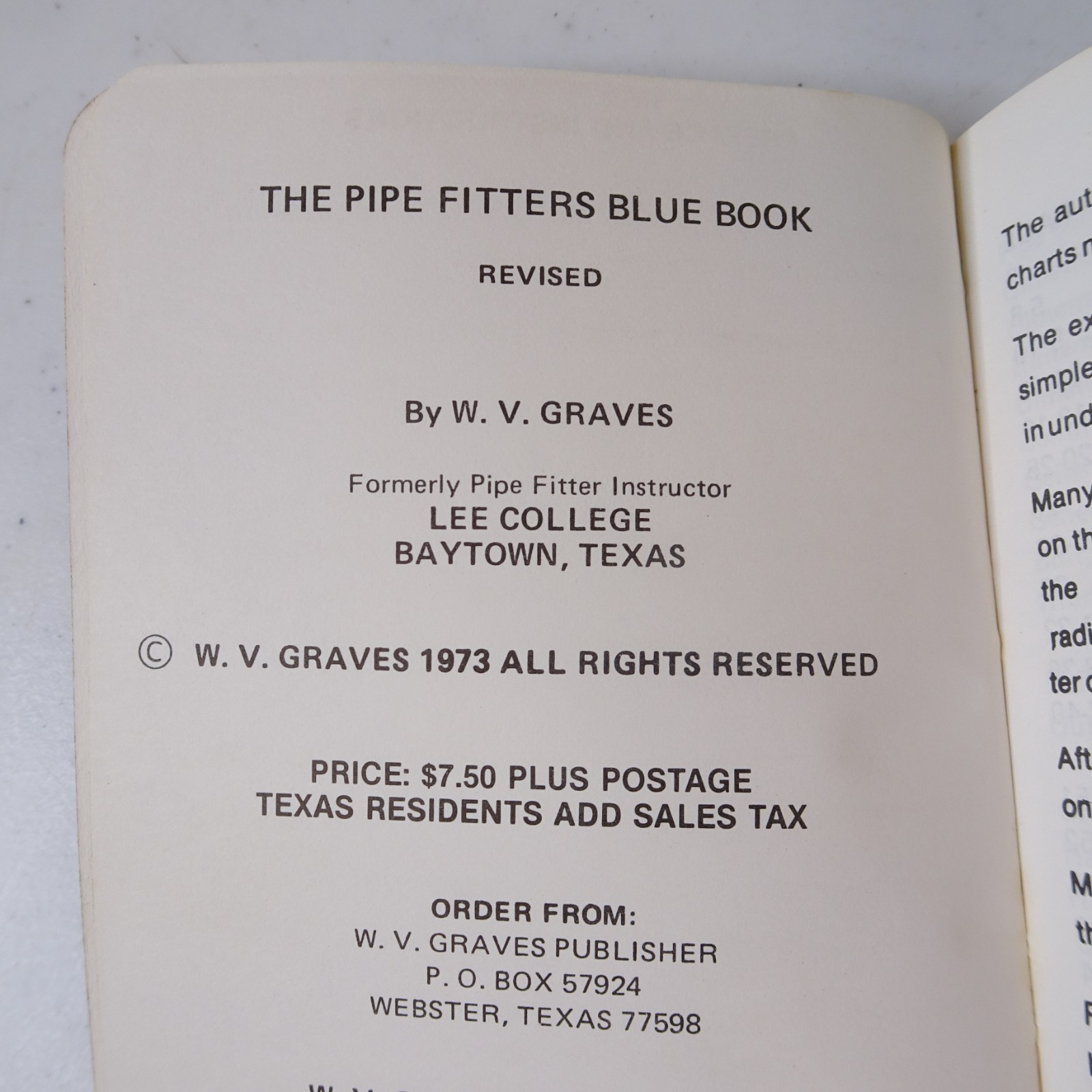THE PIPE FITTERS BLUE BOOK W.V GRAVES Former Lee College Professor Revised 1973