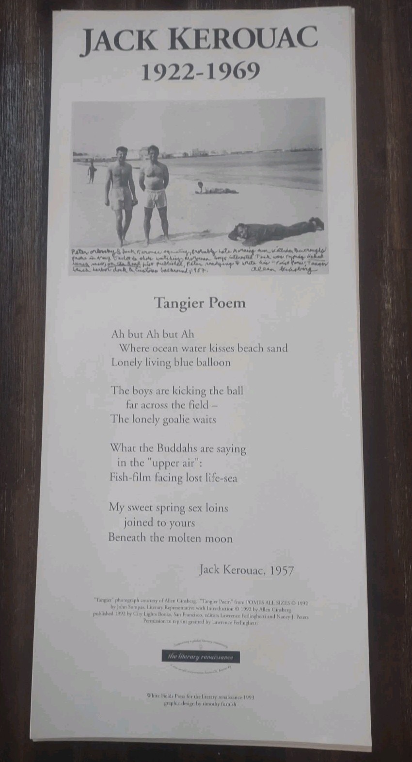 Jack Kerouac Tangier Poem White Fields Press Poster 1992 Burroughs Ginsberg Beat
