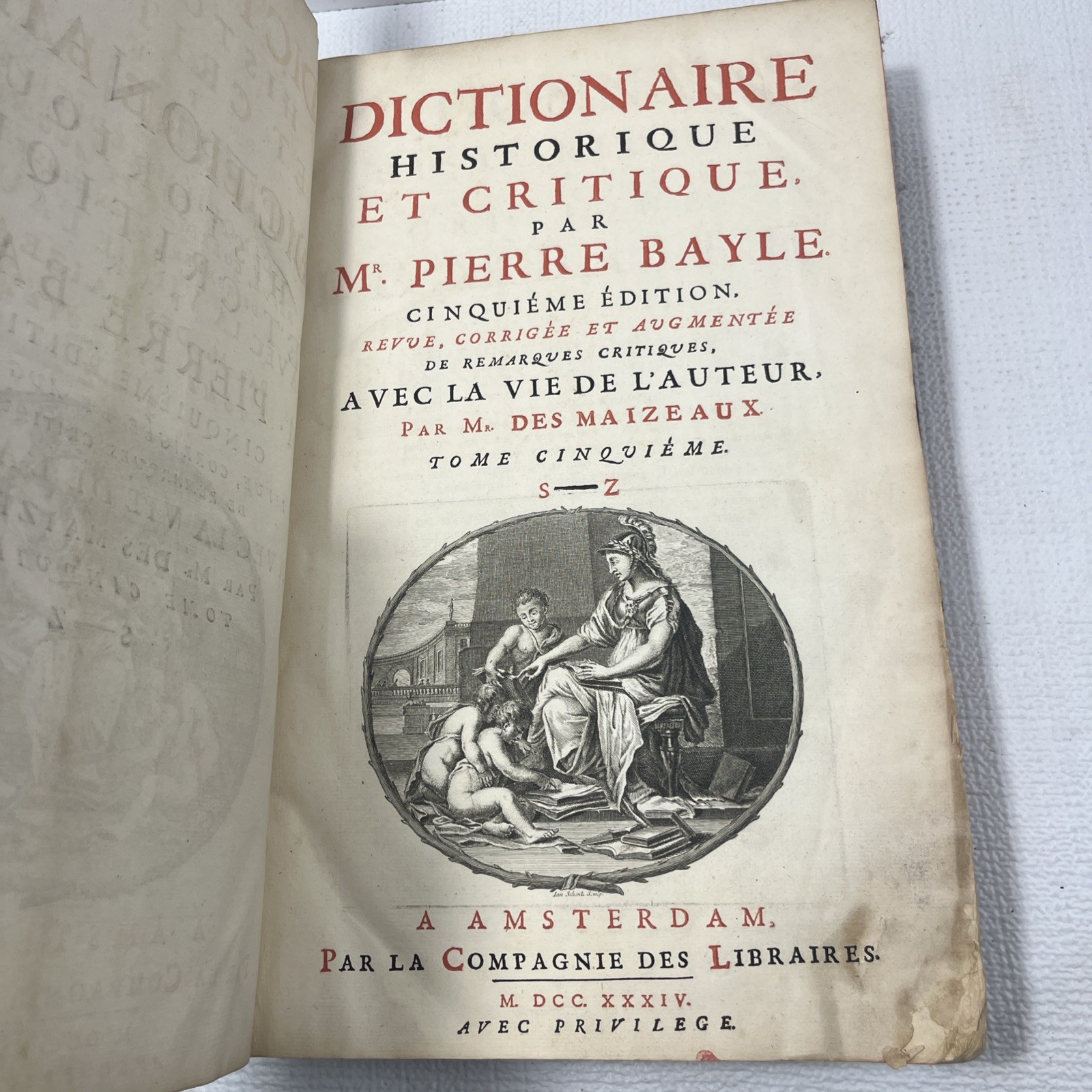 Pierre Bayle Dictionnaire Historique Critique Tome V 1734 Antique Leather Book